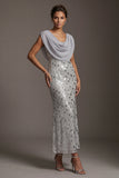 Vestido largo de madre de la novia con lentejuelas plateadas de lentejuelas plateadas