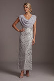 Vestido largo de madre de la novia con lentejuelas plateadas de lentejuelas plateadas