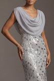 Vestido largo de madre de la novia con lentejuelas plateadas de lentejuelas plateadas