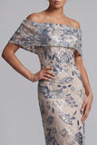 Vestido largo de madre de la novia azul marino con hombros descubiertos, lentejuelas largas florales