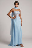 Corsé transparente azul cielo sin tirantes Lentejuelas Vestido largo de gasa A-Line Madre de la novia