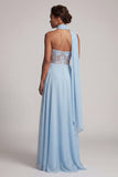 Corsé transparente azul cielo sin tirantes Lentejuelas Vestido largo de gasa A-Line Madre de la novia