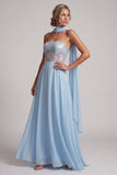 Corsé transparente azul cielo sin tirantes Lentejuelas Vestido largo de gasa A-Line Madre de la novia