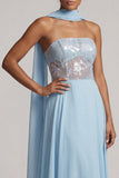 Corsé transparente azul cielo sin tirantes Lentejuelas Vestido largo de gasa A-Line Madre de la novia