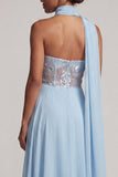 Corsé transparente azul cielo sin tirantes Lentejuelas Vestido largo de gasa A-Line Madre de la novia