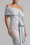 Vestido largo largo de madre de la novia con lentejuelas bodycon color azul polvoriento