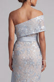 Vestido largo largo de madre de la novia con lentejuelas bodycon color azul polvoriento