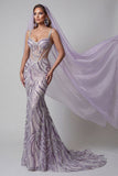 Corsé transparente lila Sirenas Lentejuelas, vestido largo de concurso con velos