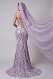 Corsé transparente lila Sirenas Lentejuelas, vestido largo de concurso con velos