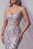 Corsé transparente lila Sirenas Lentejuelas, vestido largo de concurso con velos
