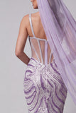 Corsé transparente lila Sirenas Lentejuelas, vestido largo de concurso con velos