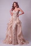 Sirenas champán con tirantes finos, lentejuelas, vestido largo de concurso con cola de volantes