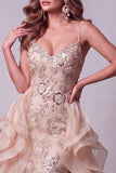 Sirenas champán con tirantes finos, lentejuelas, vestido largo de concurso con cola de volantes