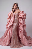 Corsé de sirena rosa Sweetheart Vestido largo de concurso con cola de volantes