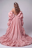 Corsé de sirena rosa Sweetheart Vestido largo de concurso con cola de volantes