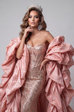 Corsé de sirena rosa Sweetheart Vestido largo de concurso con cola de volantes