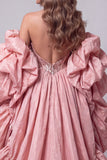 Corsé de sirena rosa Sweetheart Vestido largo de concurso con cola de volantes