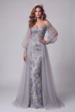 Vestido largo de concurso de sirena azul polvoriento con hombros descubiertos