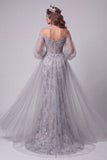 Vestido largo de concurso de sirena azul polvoriento con hombros descubiertos