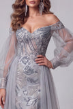 Vestido largo de concurso de sirena azul polvoriento con hombros descubiertos
