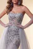 Vestido largo de concurso de sirena Sweetheart Azul Polvoriento con cola
