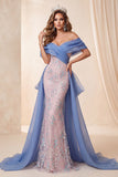 Vestido largo de certamen sirena azul y rosa con lentejuelas descubiertos