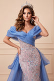 Vestido largo de certamen sirena azul y rosa con lentejuelas descubiertos