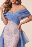 Vestido largo de certamen sirena azul y rosa con lentejuelas descubiertos