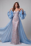 Sirenas azul y rosa, lentejuelas florales, tirantes finos, vestido largo de concurso, cola con volantes,