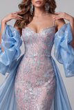 Sirenas azul y rosa, lentejuelas florales, tirantes finos, vestido largo de concurso, cola con volantes,