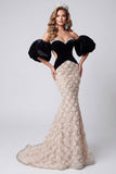 Vestido de concurso floral de sirenas negras con lentejuelas largas y mangas abultadas