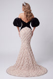 Vestido de concurso floral de sirenas negras con lentejuelas largas y mangas abultadas