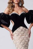 Vestido de concurso floral de sirenas negras con lentejuelas largas y mangas abultadas