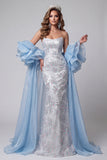 Vestido largo de concurso floral de sirena azul claro con cuentas y sirena con volantes