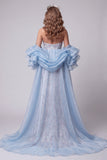 Vestido largo de concurso floral de sirena azul claro con cuentas y sirena con volantes