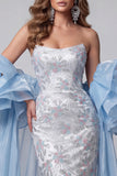 Vestido largo de concurso floral de sirena azul claro con cuentas y sirena con volantes