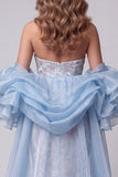 Vestido largo de concurso floral de sirena azul claro con cuentas y sirena con volantes
