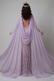 Vestido largo de concurso de sirena con tirantes finos lila