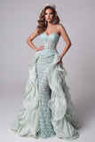 Vestido largo de concurso con corsé de sirena verde menta transparente, lentejuelas, con cola de volantes