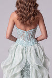 Vestido largo de concurso con corsé de sirena verde menta transparente, lentejuelas, con cola de volantes