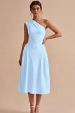 Vestido de compromiso blanco midi de línea en A de un solo hombro