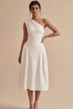 Vestido de compromiso blanco midi de línea en A de un solo hombro