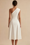 Vestido de compromiso blanco midi de línea en A de un solo hombro