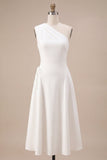 Vestido de compromiso blanco midi de línea en A de un solo hombro