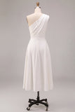 Vestido de compromiso blanco midi de línea en A de un solo hombro