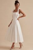 Vestido de compromiso Midi de tirantes en línea A blanca