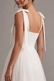 Vestido de compromiso de tul midi blanco de cuello cuadrado con lazo en línea A y cuello cuadrado