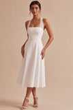 Vestido de compromiso Midi blanco de escote halter, línea en A