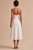 Vestido de compromiso Midi blanco de escote halter, línea en A