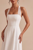 Vestido de compromiso Midi blanco de escote halter, línea en A